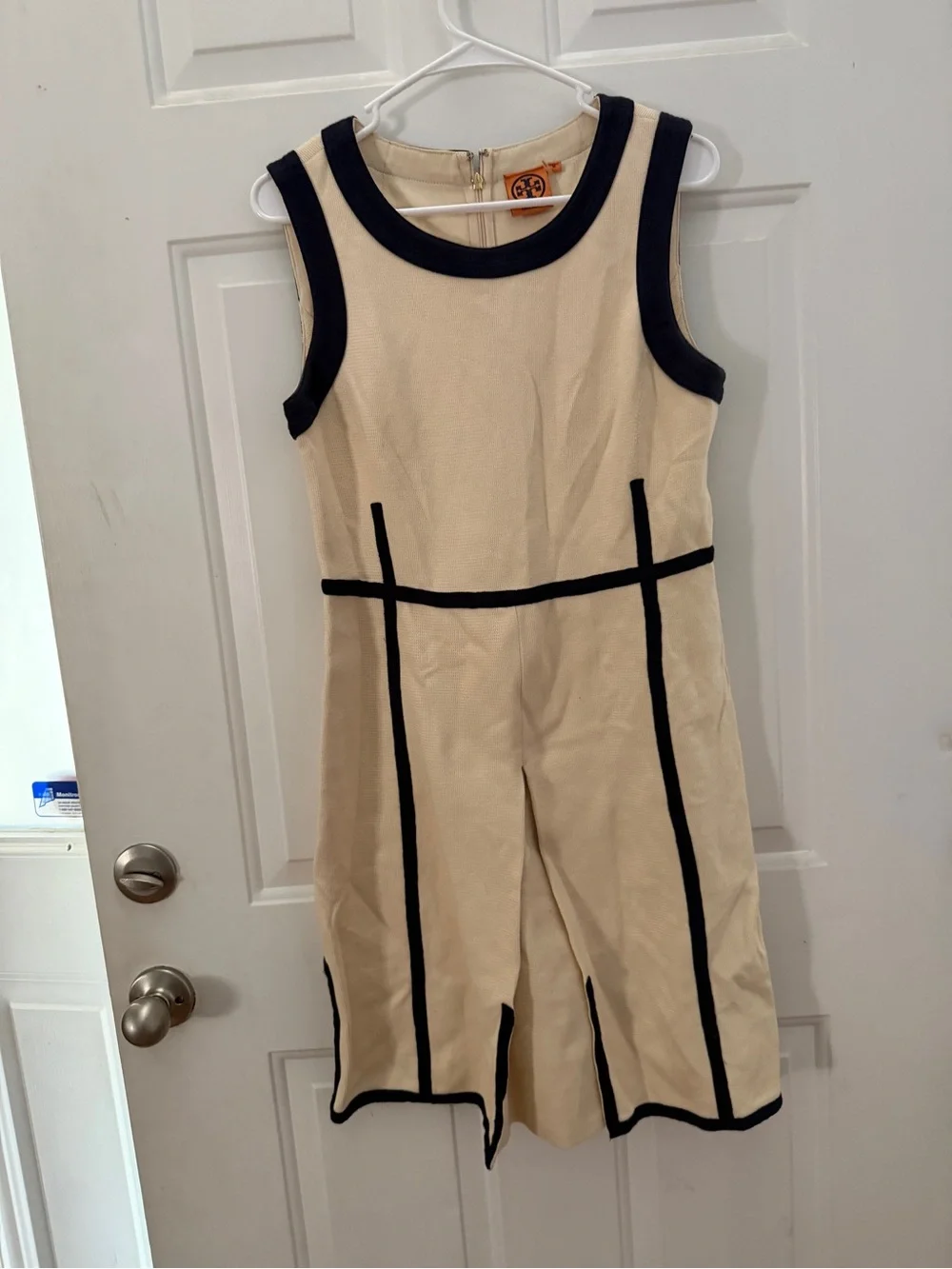 Tory Burch Beige Midi Shift Dress with Navy Trim